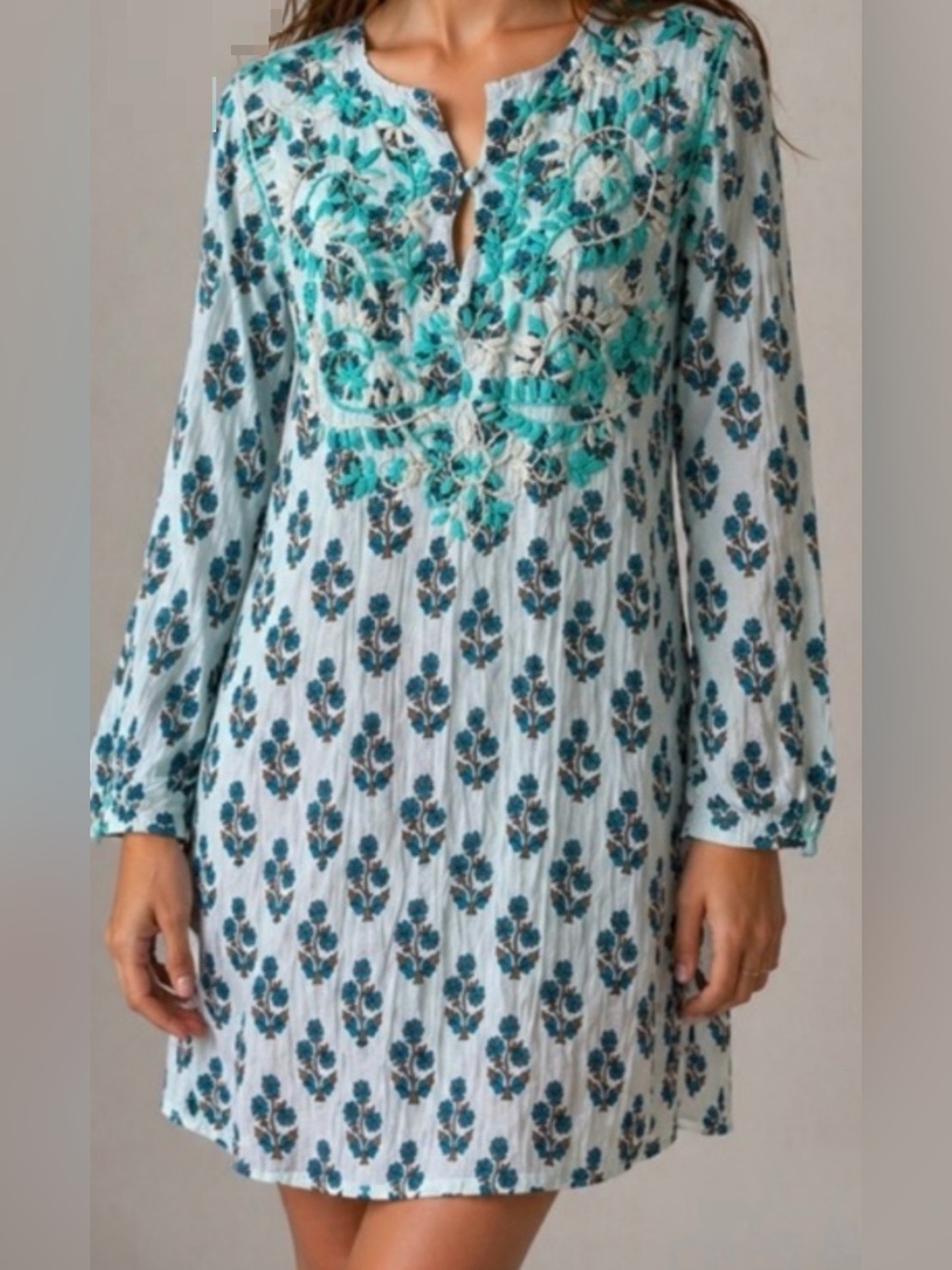 Raj Imports Teal Floral Embroidered Cotton Boho Tunic Dress Small